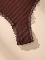 Tanga de algodón acanalado sólido para mujer al por mayor, de punto, con encaje, tiro bajo, suave, transpirable, talla grande, con lazo, OEM ODM