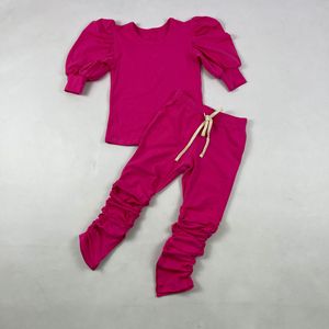 QL2022 Vente en gros Ensemble décontracté pour enfants : Haut en coton uni à manches bouffantes + Leggings à jambes évasées, Tenues de sport - Product Image 3