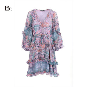 Haute qualité été à volants 3/4 manches col en V Double couches maille Blouses coupe ample fluide tunique imprimé fleuri robes pour les femmes - Product Image 1