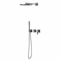Système de douche encastré mural de luxe gris anthracite brossé avec pommeau de douche pluie et douchette à main, mitigeur 2 voies