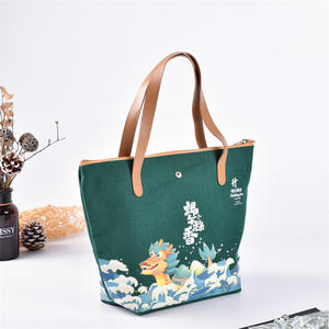 Sac fourre-tout en toile de coton réutilisable de taille moyenne imprimé personnalisé avec poignée en cuir pour les achats promotionnels - Product Image 2