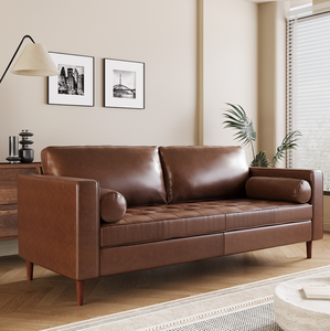 Canapé convertible 3 places Mirod Mid-Modern en cuir PU, design capitonné, pieds en bois massif, 2 coussins décoratifs, confortable - Product Image 4