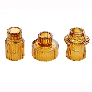 Home Decorations 2 In 1 Amber Color Glass Candle Holders Candlestick Holder For Tea Light Taper Pillar Candle