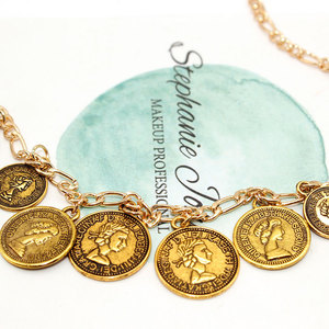 Europe America Tassel Flower Plate Pendant Necklace Punk Personality Metal Cross Chain Gold <strong>Yound</strong> Round Coin Charms Necklace - Product Image 2