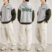 Sweat-shirt à capuche zippé en mélange de coton premium, logo personnalisé, coutures vieillies, texture jacquard contrastante, streetwear, fermeture éclair intégrale