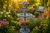 Station de bain d'oiseaux solaire LED écologique, mangeoire à oiseaux peinte, jardinière, toit de gazebo, résine résistante aux intempéries pour extérieur