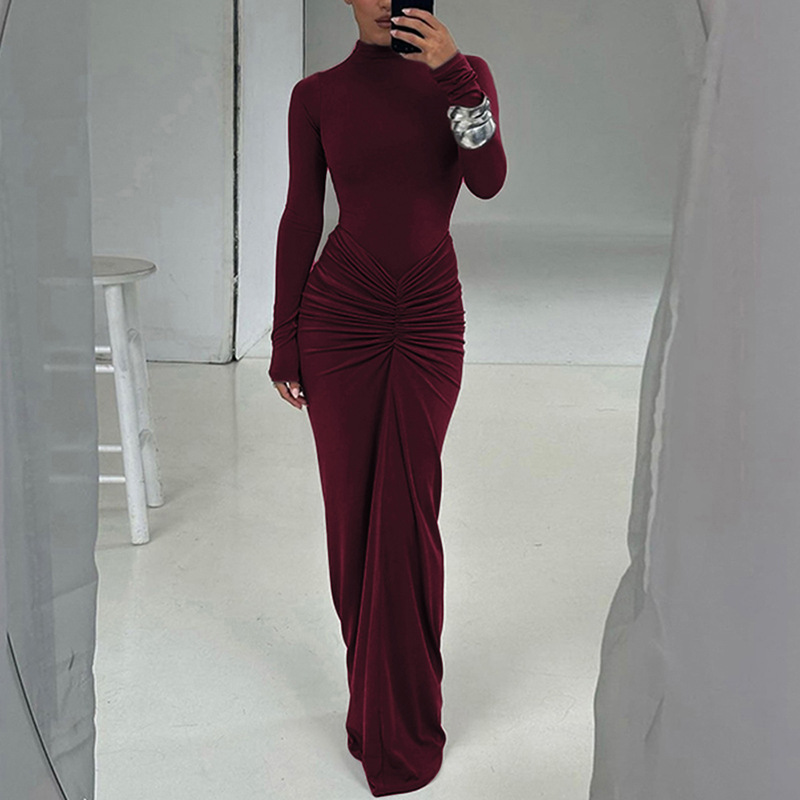 Black Red Dresses Women Lady Elegant Floor-length Maxi Long Sleeve Casual  Dress Hight Quality Stretchy Knitted Pleated Dress| Alibaba.com
