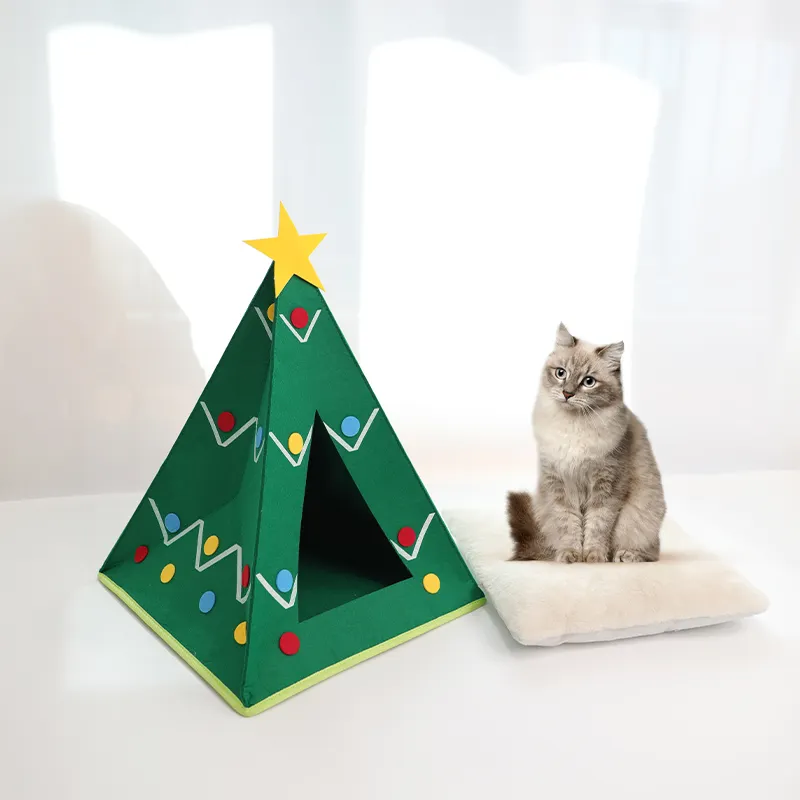 Cama para mascotas con diseño de árbol de Navidad para gatos de diferentes tamaños de alta calidad, cama exuberante para perros suave y multicolor