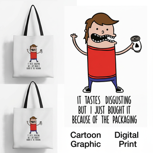 Sac fourre-tout en toile de coton pour femmes, 230 GSM, impression numérique de dessins animés, poignées noires, logo personnalisé, vente en gros - Product Image 5