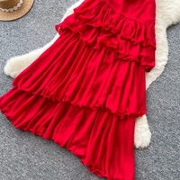 Robe longue décontractée rouge à volants et col halter pour femme, sans manches, style A-line, idéale pour les fêtes et la plage