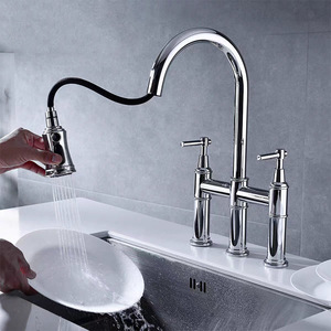 North American Bridge Style Pull Out Kitchen Faucet 2 Handle 360 Degree Rotate Traditional Brass Deck Mounted - Product Image 2