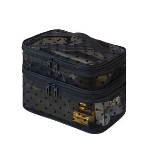 Bolsa de cosméticos de malla de doble capa con estampado de corazones negros, organizador de artículos de tocador portátil de gran capacidad para viajes - Product Image 1