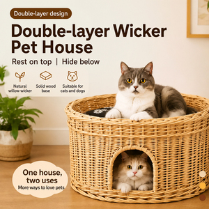 Casa para Mascotas Tejida de Mimbre Natural, Plataforma Superior Abierta, Zona Privada Inferior, <span class=keywords><strong>Cueva</strong></span> Transpirable para Gatos - Product Image 1