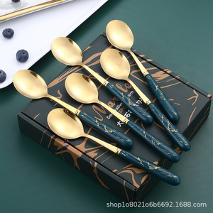 Marble 6-Spoon Gift <b>Box</b> Stainless Steel Spoons Dark Green Gold Pattern Dessert Soup Rice Spoons Creative Household Set - Product Image 4