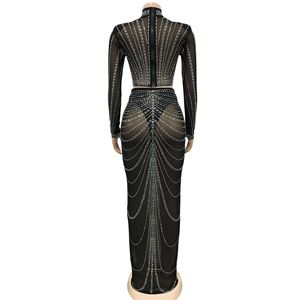 Lang Jun's Black Mesh Hot Stamping Diamond Perspective Tight Sexy Long Dress Ensemble de deux pièces pour les spectacles de discothèque et de bar - Product Image 6