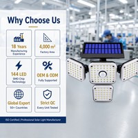 Lampe solaire à détecteur de mouvement, 144 LED, 1200LM, super lumineuse, multi-têtes, lampe murale de sécurité, étanche IP65, lumière extérieure pour chemin