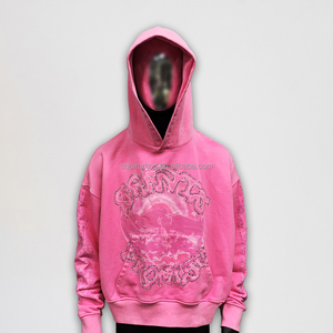 Özel Streetwear ağır % <span class=keywords><strong>100</strong></span>% pamuk fransız Terry 500gsm Vintage pembe taş yıkanmış Rhinestone kazak Hoodies erkekler için - Product Image 5