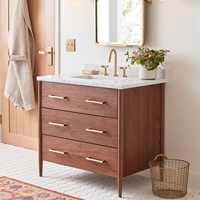 Meuble-lavabo de salle de bain de style moderne du milieu du siècle avec dessus en marbre, pieds coniques autoportants, grand tiroir de rangement et armoire en bois massif