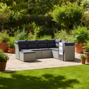 Conjunto de Sofás Modulares de Jardín en Ratán Sintético Gris, 7 Piezas, Estructura de Acero, Muebles de Exterior de Diseño Contemporáneo, Resistentes a la Intemperie - Product Image 2