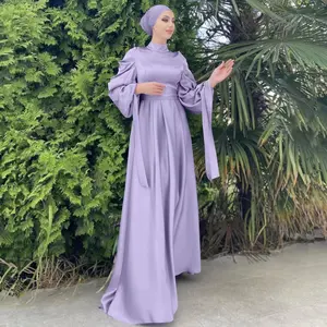 Gaun Muslim Turkey & Dubai, Gaun Satin Warna Polos Kasual dengan Hijab Abaya Kaftan Jubah Lengan Panjang Yang Elegan, Pakaian Islami