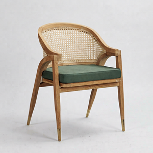 Contemporary Solid Teak Wood <b>Chair</b> with Natural Rattan Woven Backrest and <b>Comfortable</b> Cushion for Home - Product Image 1