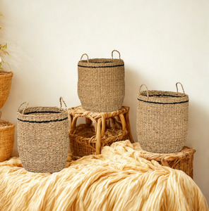 Ensemble de paniers rectangulaires emboîtables en jonc de mer vintage, écologiques, tressés, pour rangement, organisateur de étagère, bac de rangement, décoration intérieure, international - Product Image 1