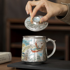 Tasse à thé en argent plaqué or avec motif Dragon Phénix, 200-400 ml, avec couvercle, cadeau, mariage, bureau, mug - Product Image 2