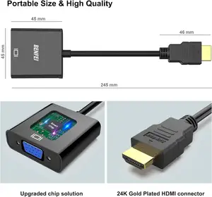 محول بينفي HDMI إلى VGA مطلي بالذهب HDMI إلى VGA متوافق مع الكمبيوتر، سطح المكتب، الكمبيوتر المحمول، الكمبيوتر الشخصي، الشاشة وغيرها - أسود