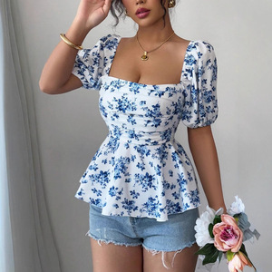 Blus Rajut Poliester Kerah Kotak Lengan Puff Kasual Modis Terbaru 2025 untuk Wanita Eropa-Amerika - Product Image 3