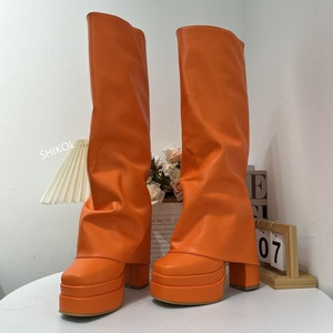 SHIKOL turuncu kırmızı sıcak pembe deri diz yüksek çizmeler kadınlar için çift platformu blok yüksek topuklu kadınlar için çizmeler üzerinde kat - Product Image 2