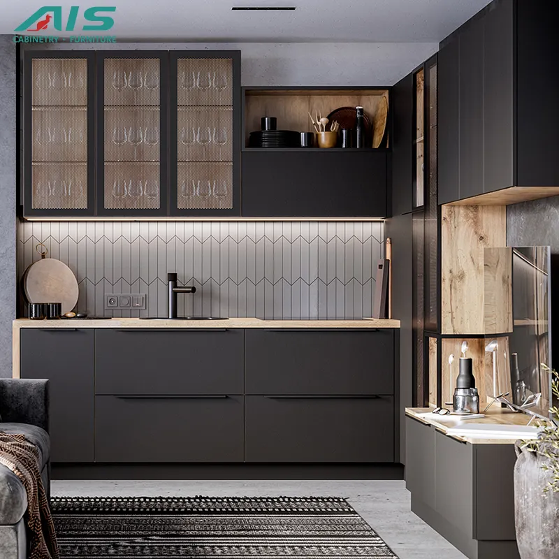 Ais furnitur lemari dapur logam apartemen, desain gaya Modern lengkap kabinet dapur melamin hitam dengan wastafel