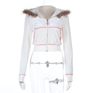 Giacca da <span class=keywords><strong>Donna</strong></span> alla Moda <span class=keywords><strong>con</strong></span> Maniche Lunghe, Zip Frontale, Cappuccio in <span class=keywords><strong>Pelliccia</strong></span>, Velluto, Poliestere, Antivento, Spessa, Casual, Corta, Prodotto di Tendenza 2026 - Product Image 3