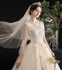 NDB10315 Abito da <span class=keywords><strong>Sposa</strong></span> Principale Nuovo Modello Lussuoso Qi Sottile Colore Champagne Retrò Maniche Lunghe Semplice per Bambina - Product Image 6