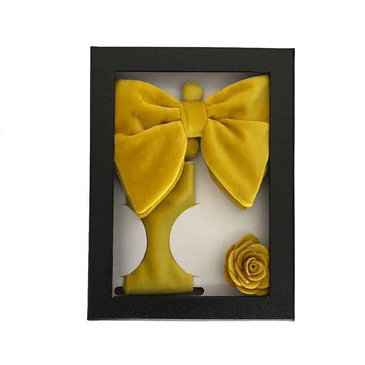 High Quality Solid Color Gold Velvet Bow Tie Brooch Cufflinks Square Scarf Four Piece Mens Gift Box Set