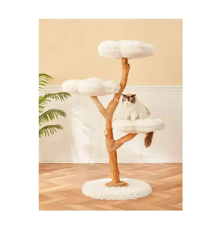 2024 baru yang dirancang mewah kucing pohon menara cabang nyata kayu mewah kucing kayu Kondominium menggaruk pohon kayu kucing pohon