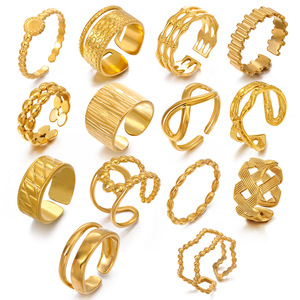 Anillo Abierto Geométrico de Acero Inoxidable con Incrustaciones, Estilo Europeo Americano, Popular, Chapado en Oro de 18k, Ancho y Femenino, para Venta al Por Mayor - Product Image 5
