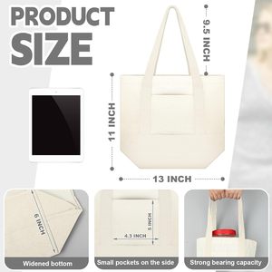 Customized Logo Prints Blank <b>Plain</b> with Zipper Pocket and Length Shoulder Handle Medium Calico Shopping Cotton <b>Canvas</b> Tote Bags - Product Image 2