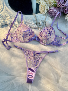 Haute qualité broderie florale Sexy dentelle ensemble de Lingerie pour femmes Femme Erotica <span class=keywords><strong>Bara</strong></span> culotte et soutien-gorge T string approvisionnement en gros - Product Image 2
