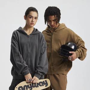 Sweat à capuche unisexe automne-hiver en coton 100% uni, style streetwear, multi-déchirures, avec empiècements, teint en pièce, veste zippée, vente en gros, logo personnalisé - Product Image 2