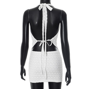 Viviblook J25ST104 verano calle mujer Y2k encaje sin mangas espalda descubierta Halter Crop Top y falda conjunto para mujer - Product Image 4