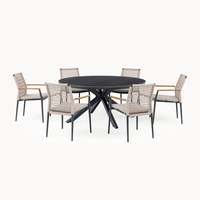 AJUNION ensemble de salle à manger en corde d'aluminium à 6 places mobilier d'extérieur table ronde en céramique et ensemble de salle à manger avec accoudoir en teck