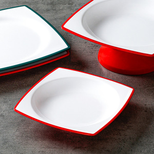 Square Melamine <b>Plate</b> Set For Hotel Restaurant Commercial Use With Red And Green Trim Dinner Soup Stir Fry <b>Plates</b> - Product Image 2