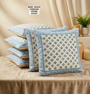 5 piece <b>set</b> Hand Block Printed Cotton <b>Cushion</b> Cover 24x24 Inch - Blue Floral Decorative <b>Sofa</b> <b>Cushion</b> - Product Image 6