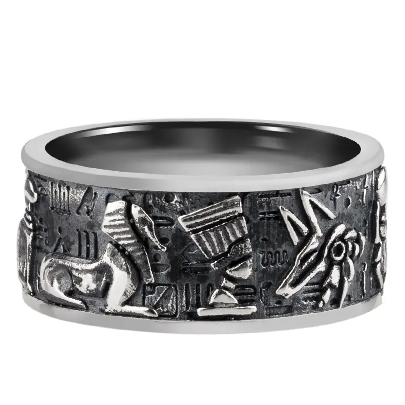 Bague en argent pour homme Index à queue unique Bijoux de mode Marteau à main Bague en argent 925 en relief Dieux égyptiens Horus Anubis Retro