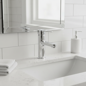 Robinet de lavabo moderne en laiton sans plomb Versu, monocommande, entre-axes 4 pouces, à poser sur le comptoir, finition polie anti-rayures, pour lavabo à débit contrôlé - Product Image 3