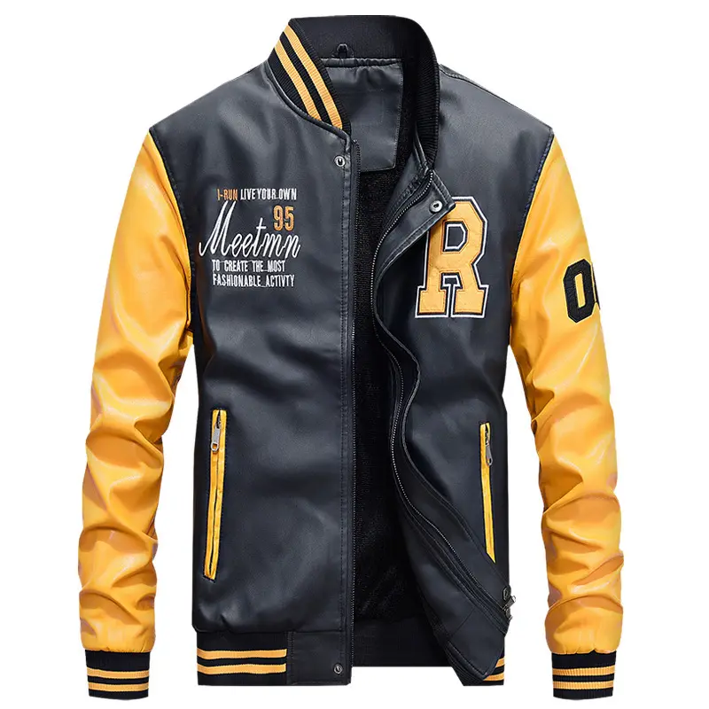 Men's Embroidery Baseball PU Jackets Coats Slim Fit Pilot Leather Jackets