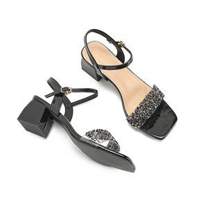 Elegantes Sandalias de Tacón Alto de Charol Plateado con Decoración de Pedrería, Tacón Cuadrado, Punta Abierta, Cierre de Hebilla, Envío Directo - Product Image 4