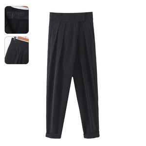 Pantalon décontracté taille haute à jambes larges pour femmes grandes tailles, noir, avec sangle Velcro, N8454 - Product Image 1