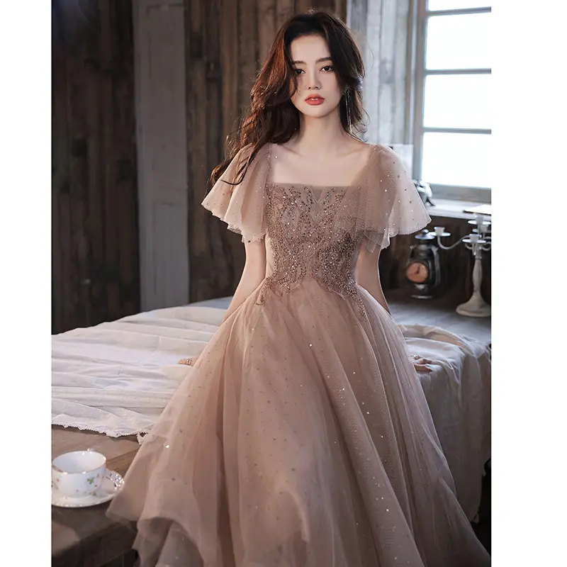 Flare Short Sleeve Sequin Embroidered Princess Bridesmaid Evening Dress
