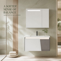 Meuble-lavabo de salle de bain mural en PVC blanc avec vasque intégrée, miroir, rangement, poignées et fermeture douce – Projet OEM/ODM personnalisé